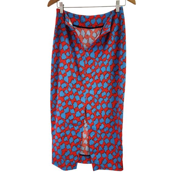 Diane Von Furstenberg Women's Printed Pencil Midi Skirt Slit Red Blue Size 4 - Picture 3 of 10